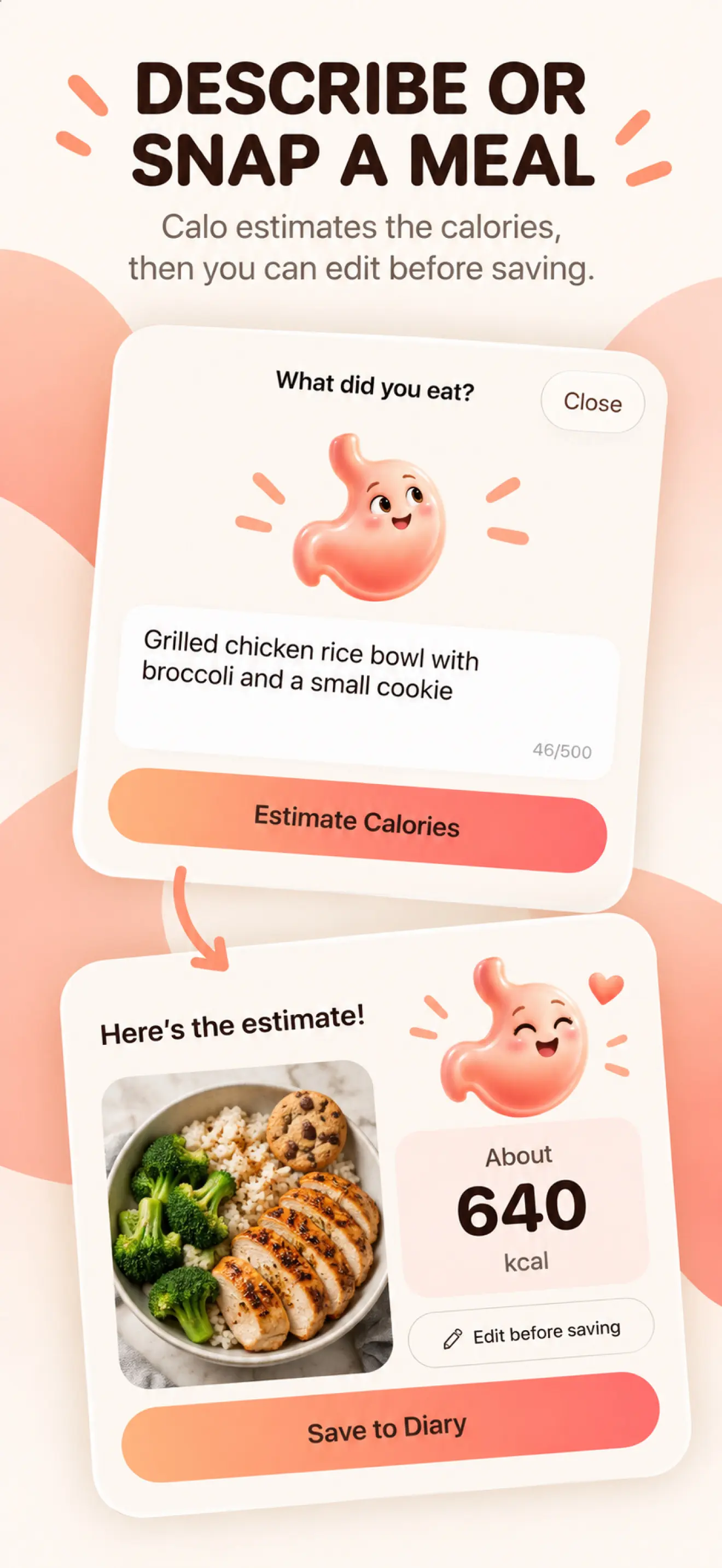 Calo meal description and photo calorie estimate